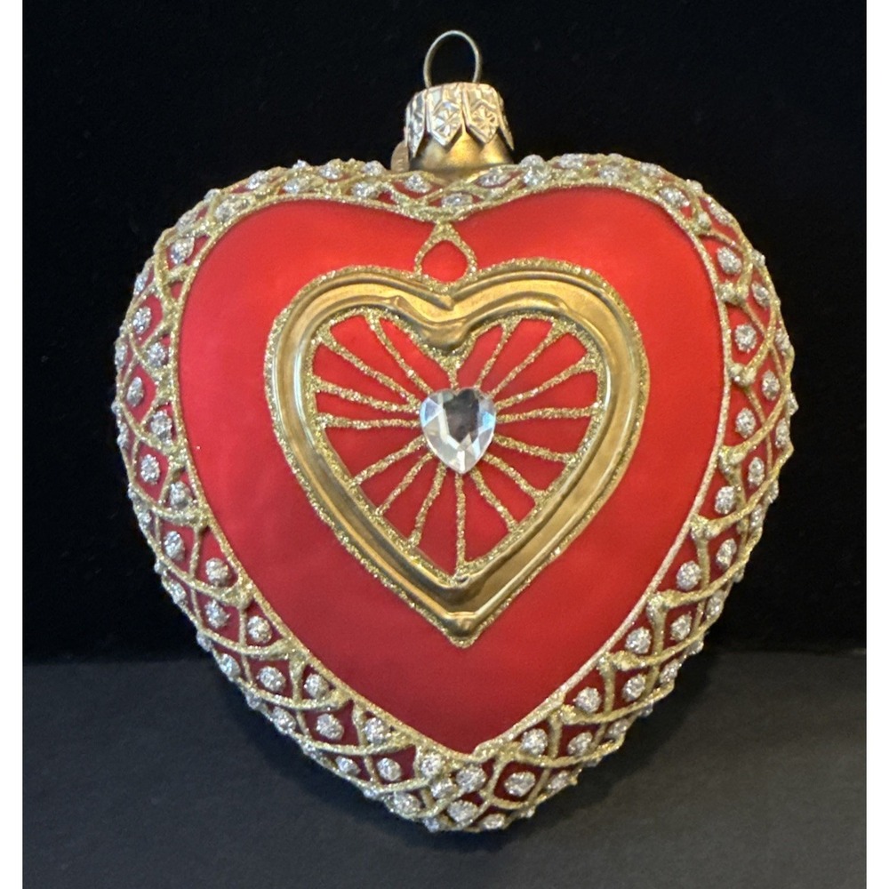 Dept 56 Red Glitter Embellished‎ Poland Blown Glass Heart Christmas Ornament